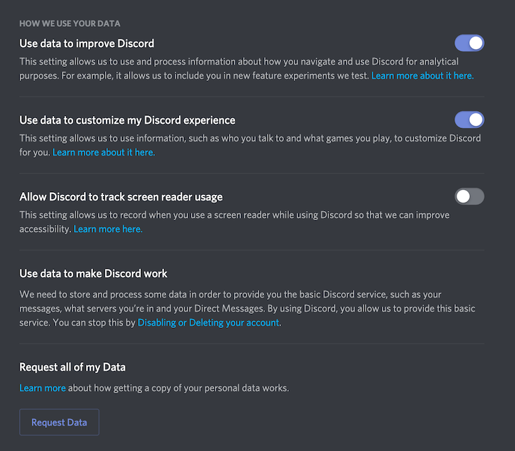 screenshot of discord activity tracking options in app settings